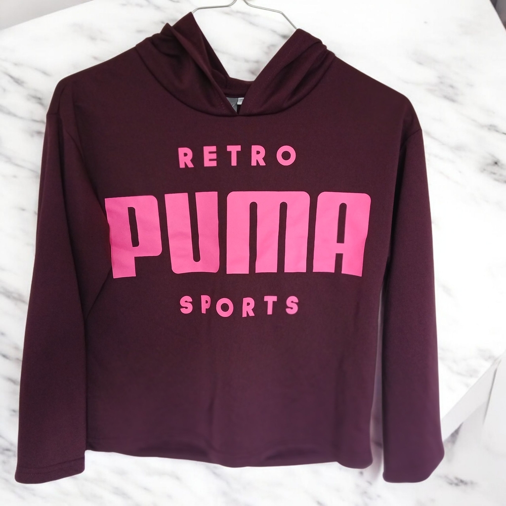 PUMA Girl's Long Sleeve Top Hoodie Size XL 16 BURGUNDY Cropped Pullover Hoodie
